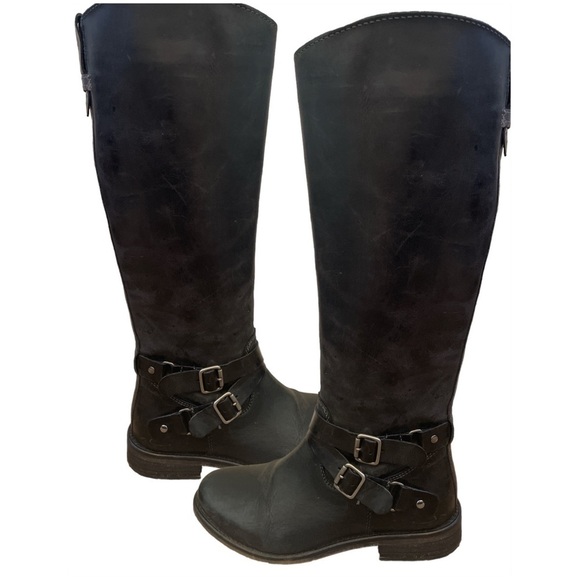 Distressed Devin Black Leather Tall Riding Boots Hinge size 6 side zip knee high - Picture 1 of 13